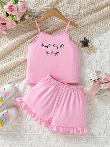 Girls Comfortable Outfit Eyelash Graphic Cami Top & Elastic Waist Ruffled Hem Shorts Set