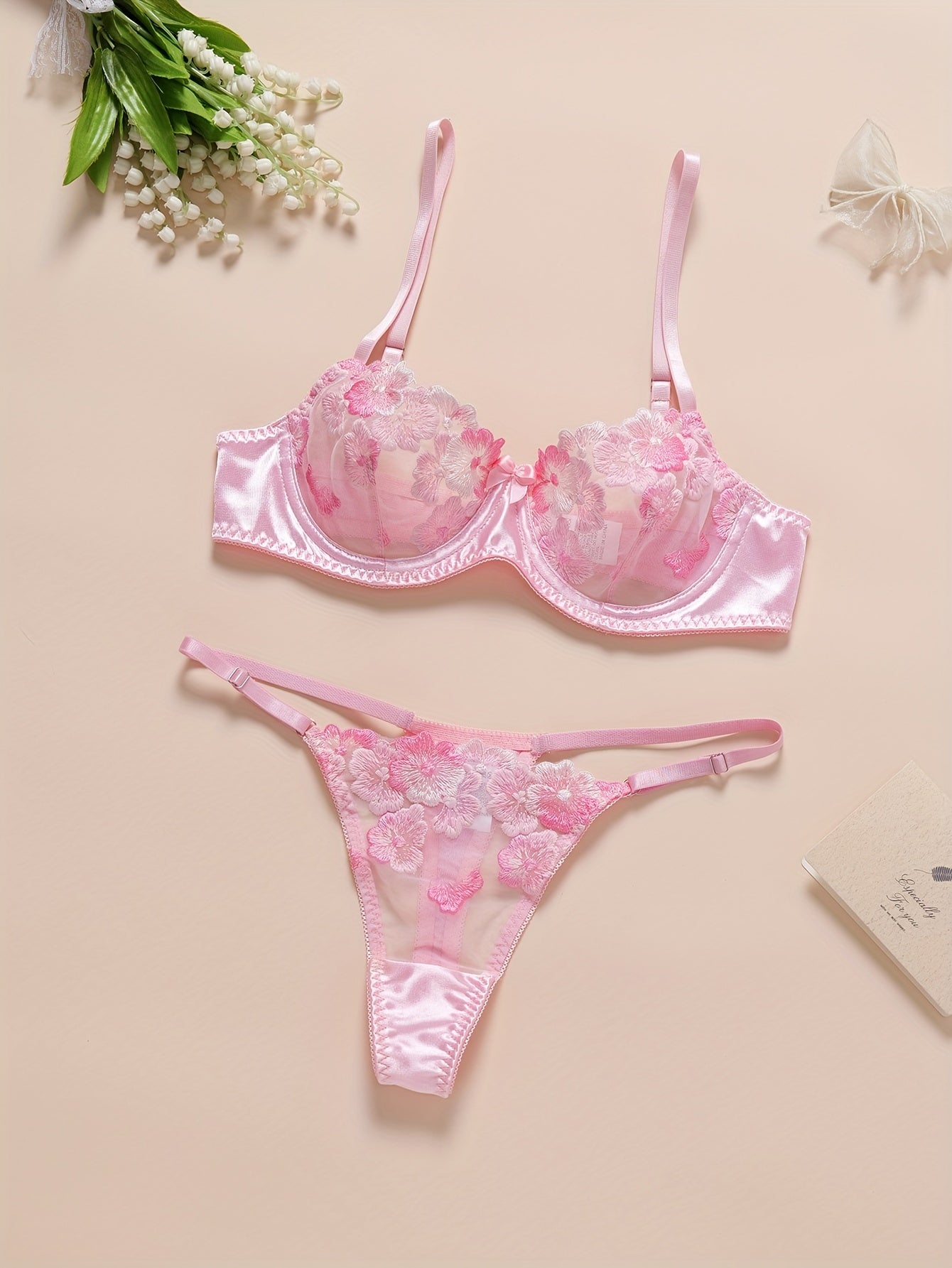 Sexy Lingerie Set, Floral Embroidery Mesh Semi Sheer Cami Bra & Panties,/ MH