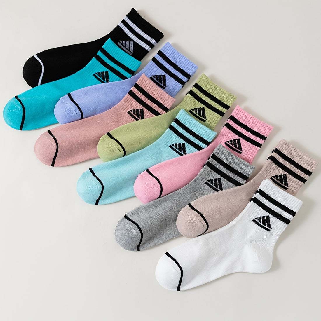 10 Pairs Women'S Fashion Striped Solid Color Short Socks, Polyester and Spandex Blend, Knit Fabric, Comfortable Athletic Mid-Calf Sports Socks
