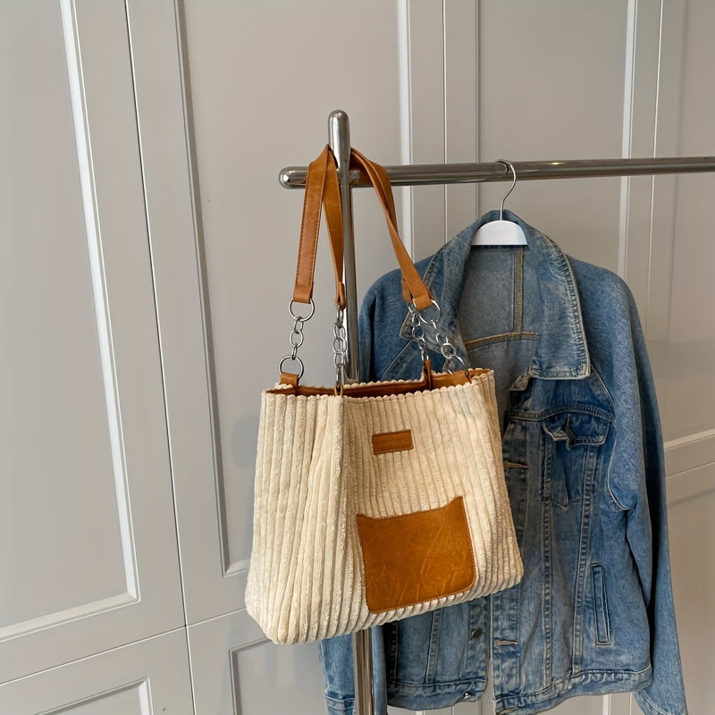 Corduroy Tote Bag For Women, Fashion Chain Shoulder Bag, Large Capacity Plush Handbag