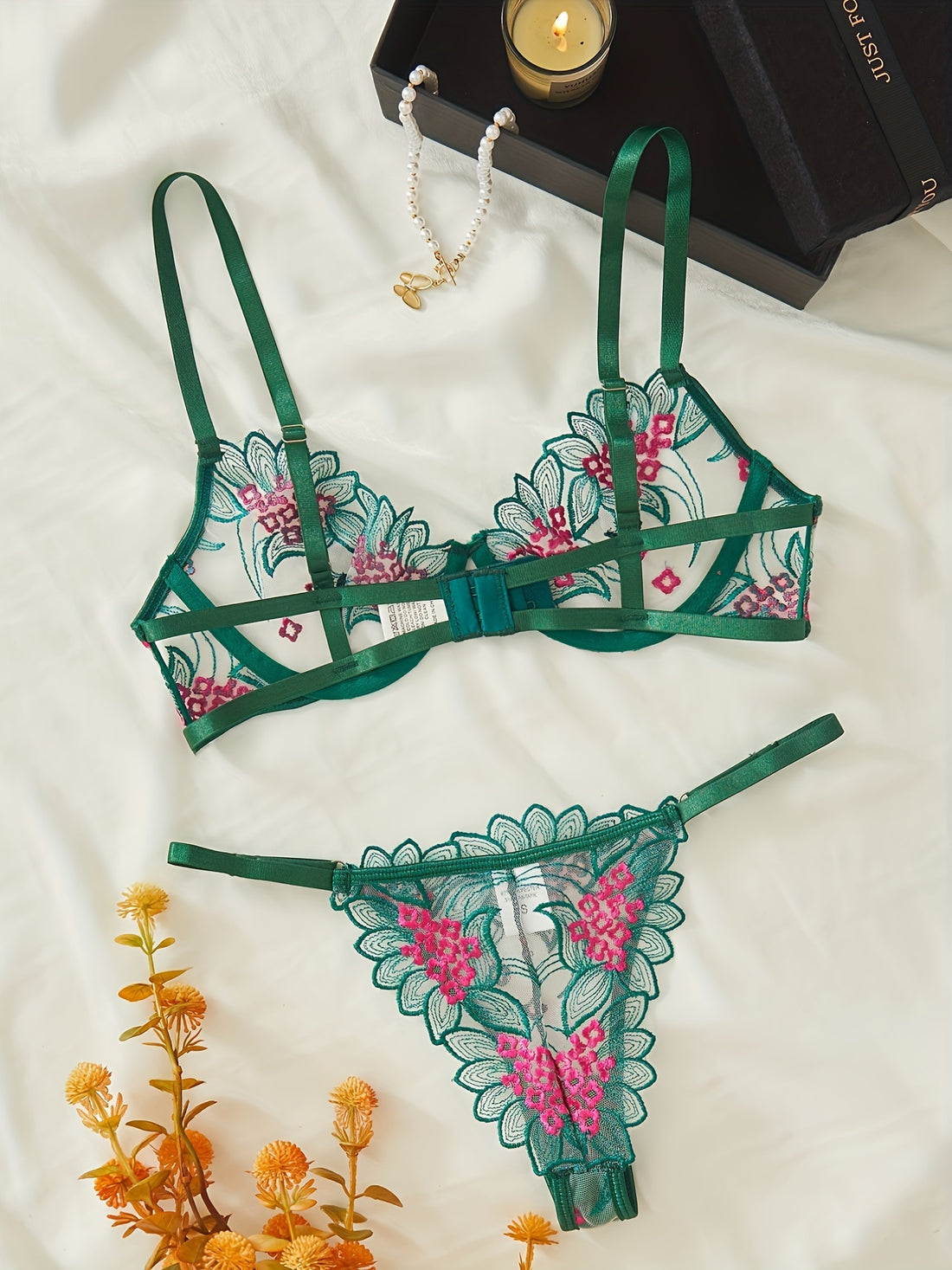 Elegant Lingerie Set, Floral Embroidery Mesh Cami Bra & Panties, /MH