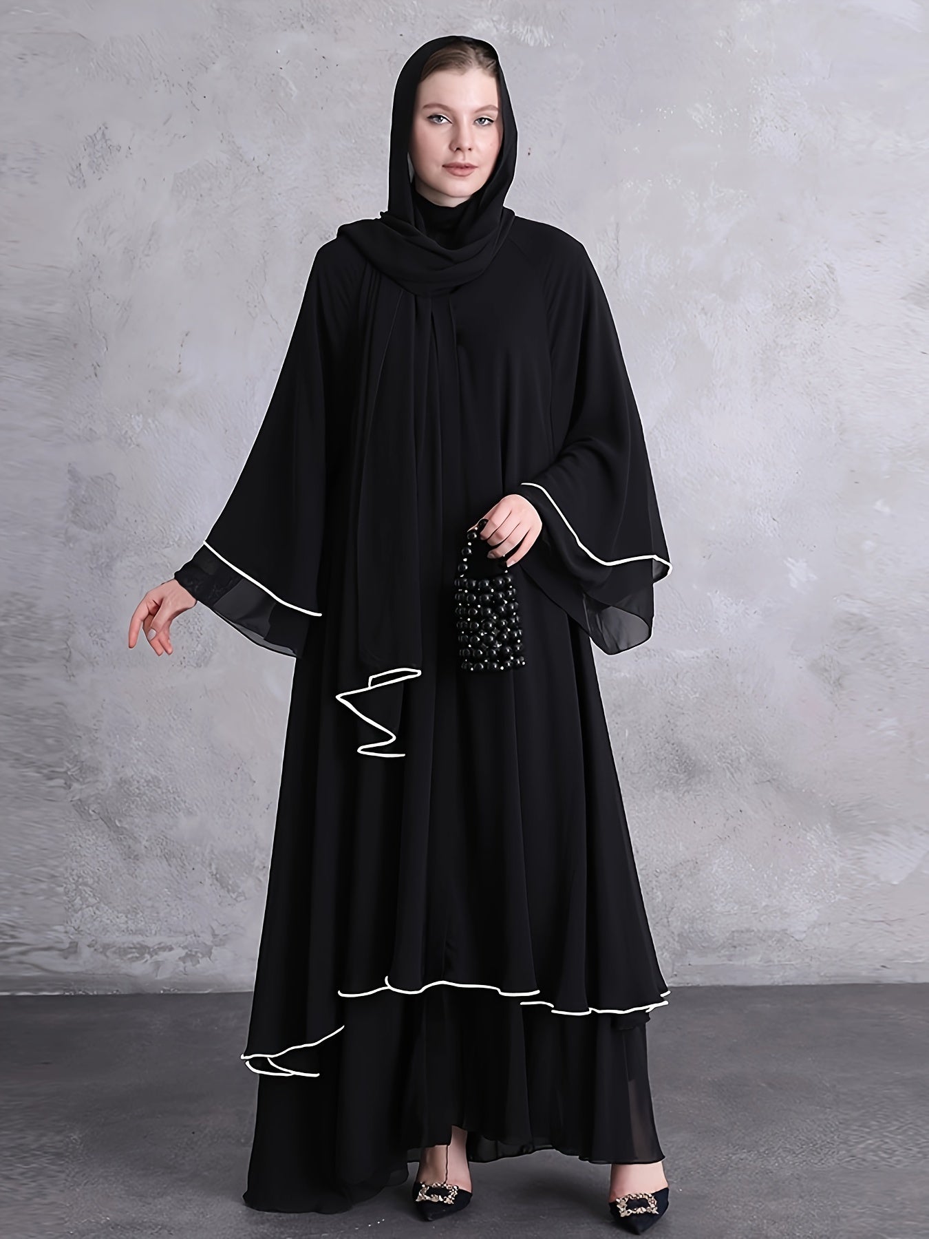 Contrast Trim Long Flare Sleeve Kaftan Dress, /MH