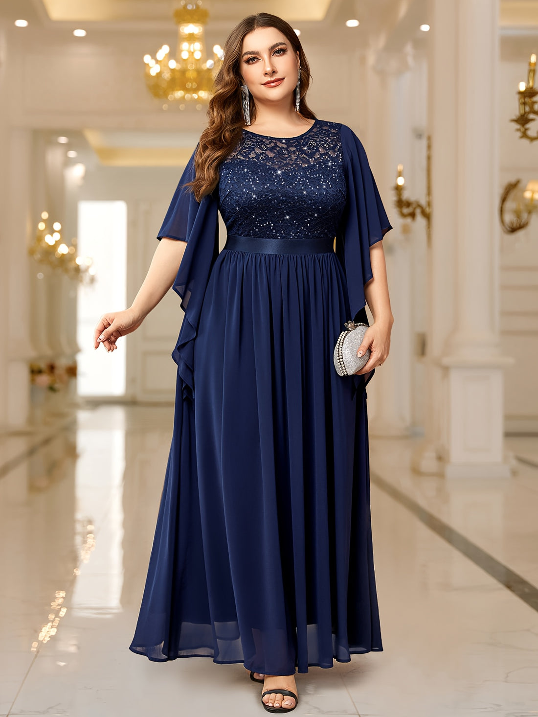[Elegant Evening Dress] Elegant Plus Size Women's Butterfly Sleeve Sequin Lace Evening Dress | Three-Quarter Sleeve Fitted Bodice & Flowy Pleated Skirt, Machine Washable Formal Wedding Party Gown for Spring/Summer