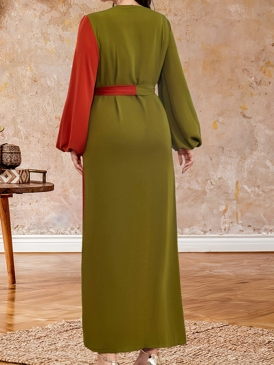Elegant Green and Orange V-Neck Dress with Belt - Long Sleeve, Flowing Design, Perfect for Casual or Formal Occasions, Casual Elegant Wear | Color Block Dress | Polyester Fabric