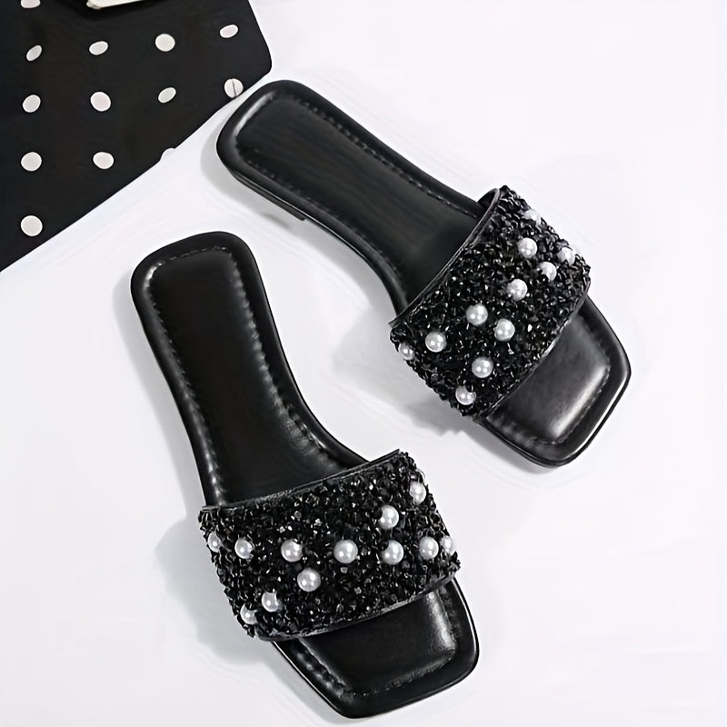 Women'S Elegant Black Pearl-Embellished Flat Sandals - Slip-On Open-Toe Summer Shoes with Synthetic Cover Upper & Rubber Sole for Casual, Beach, or Formal Occasions, Beach Footwear, Sophisticated Shoe Design