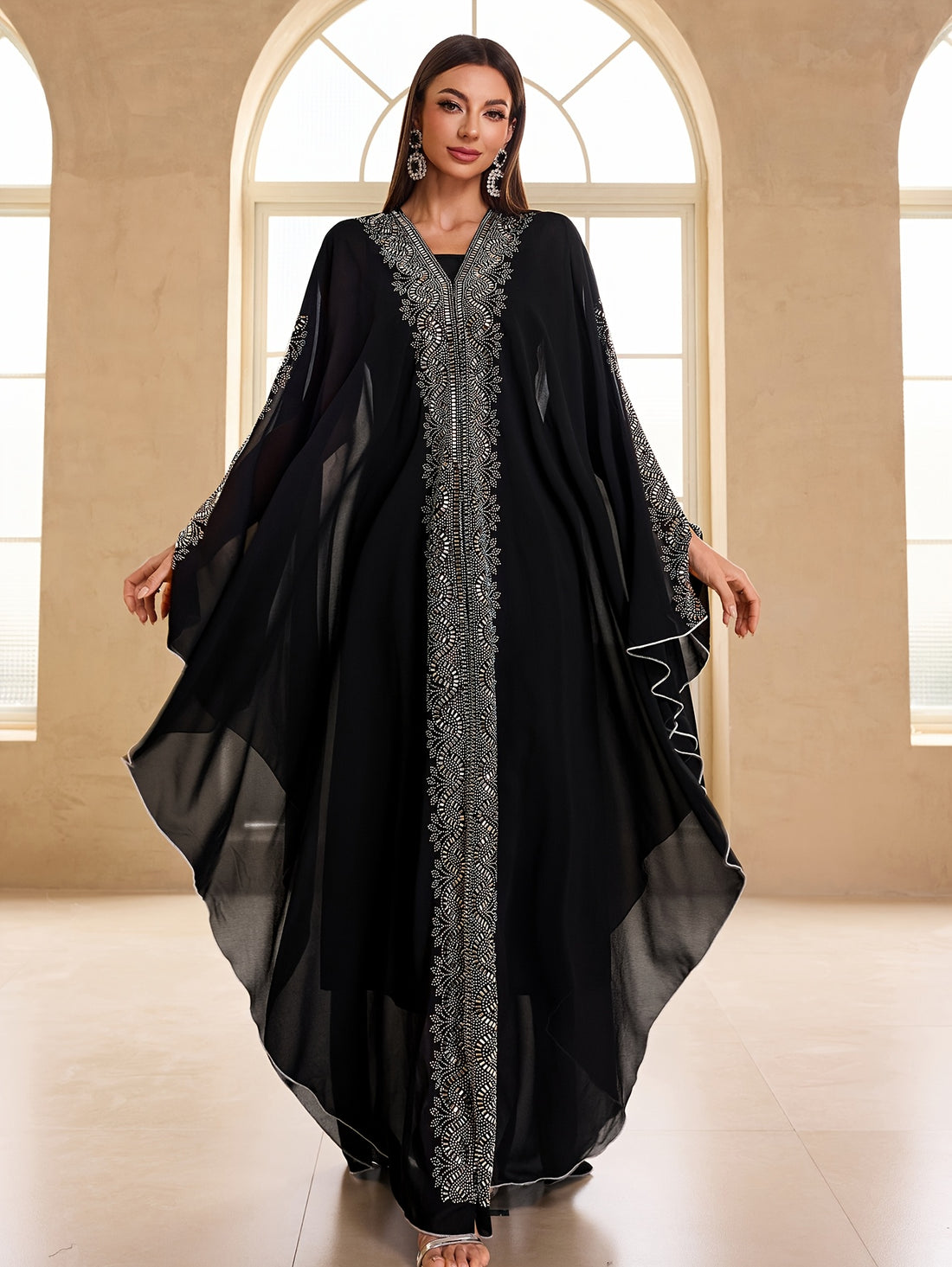 Women Modest Festival Dress Arabic Style Rhinestone Chiffon V-Neck 2pcs Set Prom Party Long Dress Turkish Style Hooded Long Sleeve Dress Kaftan Arabian Dress