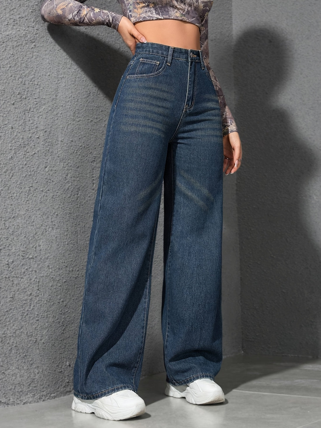 Women's High-Waisted Stretch Jeans - Non-See-Through Stretchy Wide Leg Pants with Vintage Washed Look, All-Season Skinny-Free Fit for Everyday & Formal Outfits - Machine Washable Jeans