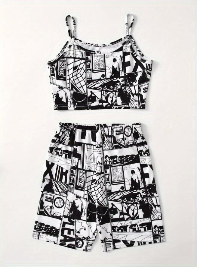 Anime Print Two-piece Shorts Set,