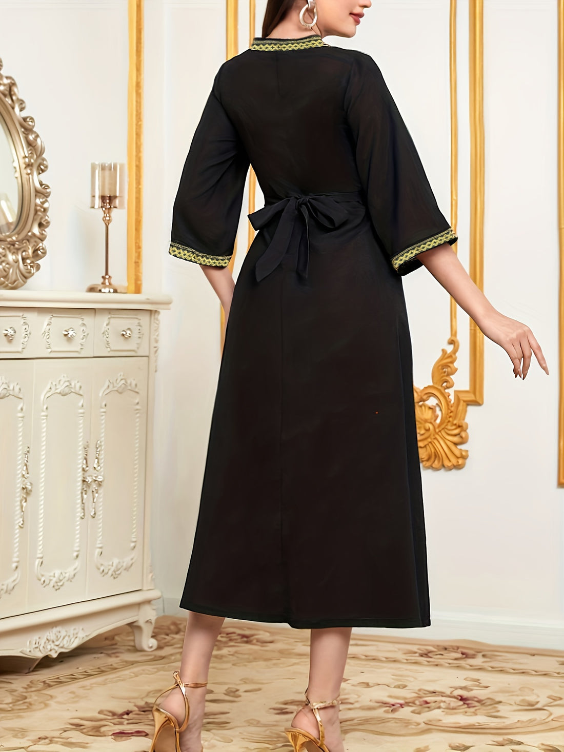 Ramadan Contrast Trim V-neck Kaftan Dress, Elegant Bell Sleeve 'MH