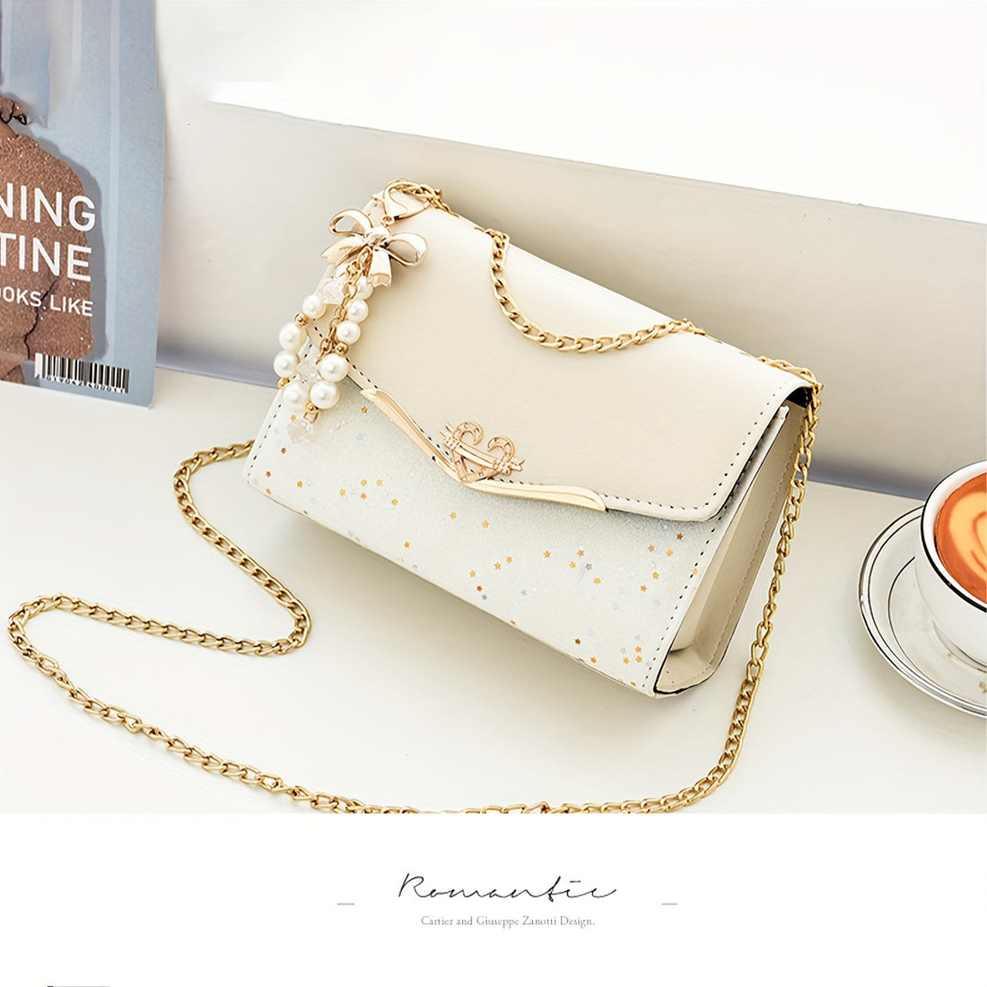 Fashion Polka Dot Beige PU Shoulder Bag with Tassel Charm, Urban Themed Flap-Over Crossbody with Buckle Closure and Metal Chain Strap, Lightweight Portable Handbag for Women, Ideal for Shopping, Office, University, Travel, Ca