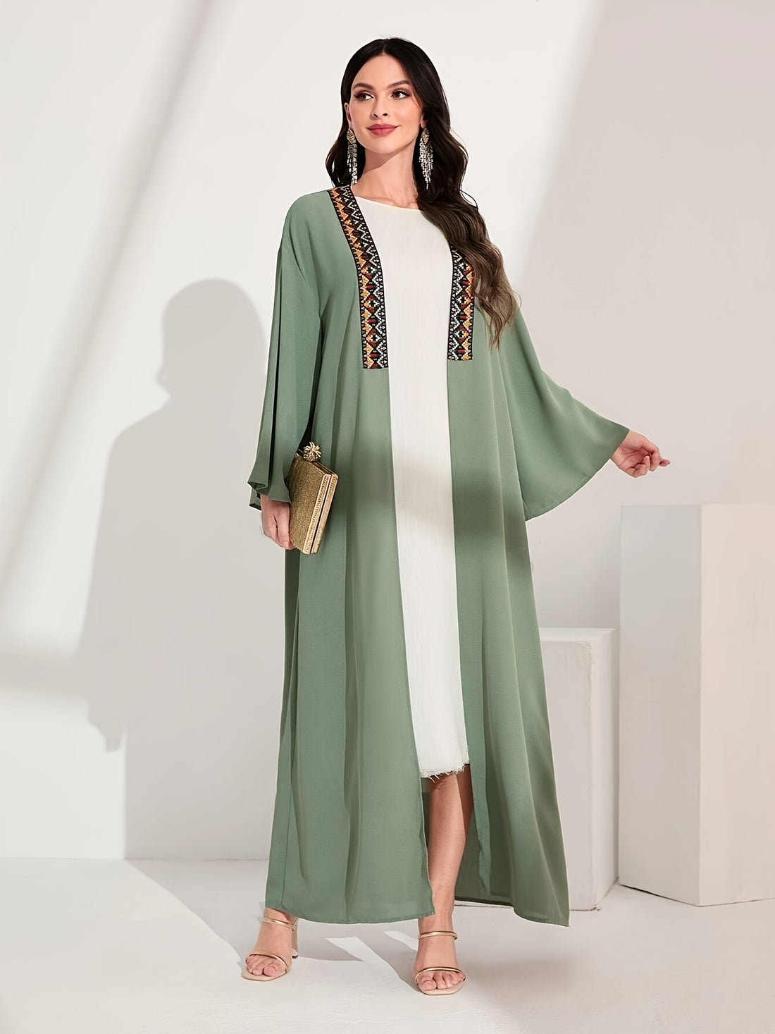 Geo Embroidery Contrast Tape Panel Kaftan Dress, /MH