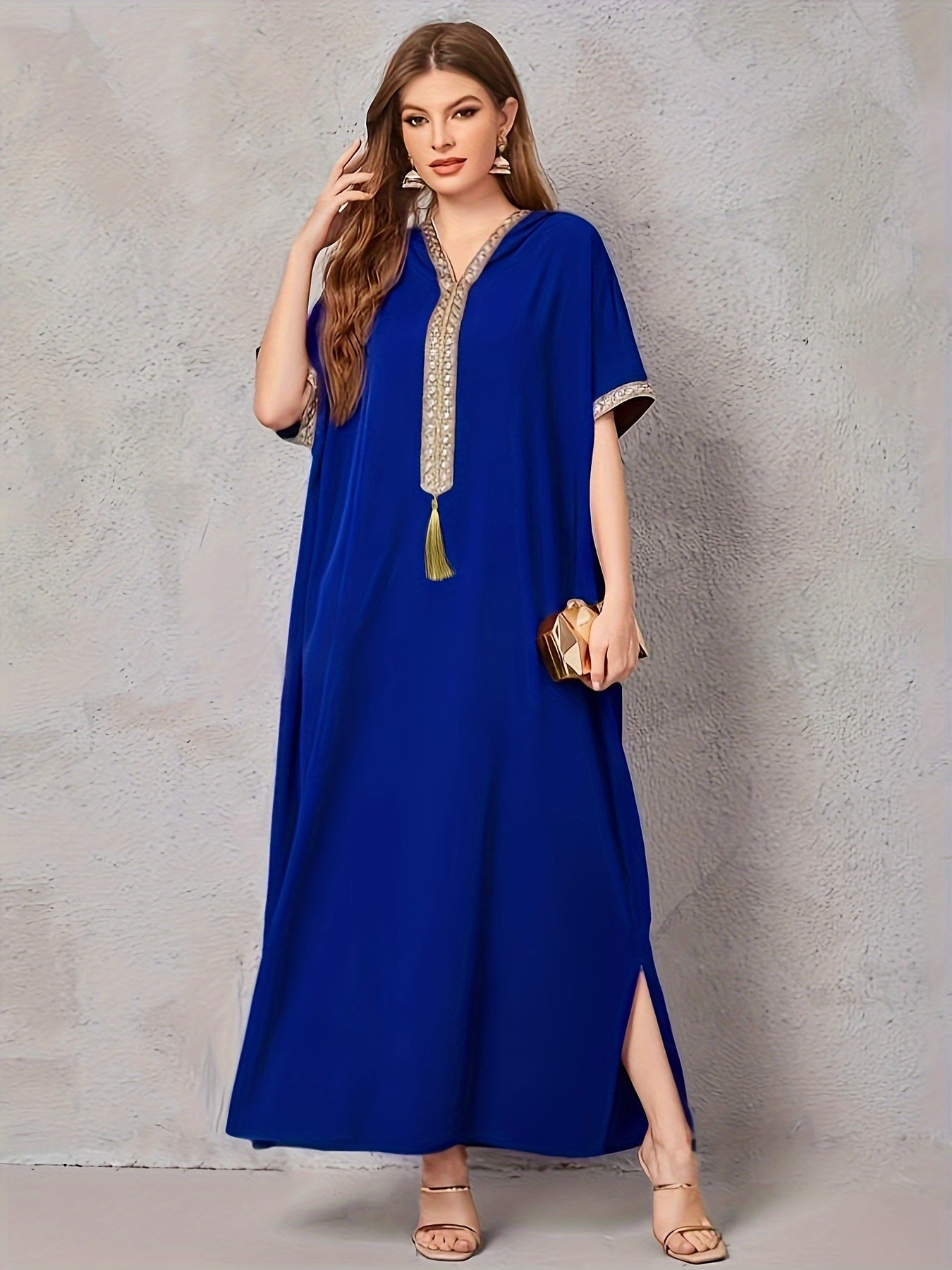 Contrast Trim V-neck Kaftan Dress, Elegant Batwing Sleeve ./MH