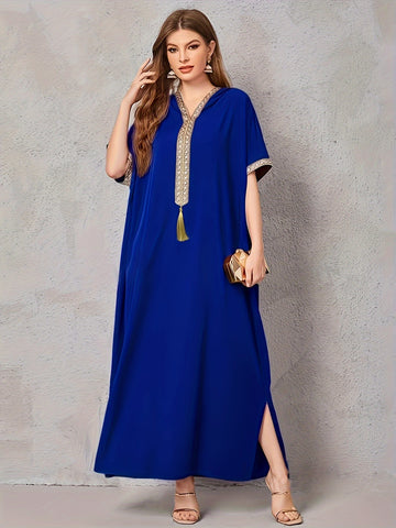 Contrast Trim V-neck Kaftan Dress, Elegant Batwing Sleeve ./MH