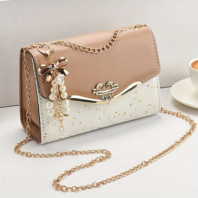 Fashion Polka Dot Beige PU Shoulder Bag with Tassel Charm, Urban Themed Flap-Over Crossbody with Buckle Closure and Metal Chain Strap, Lightweight Portable Handbag for Women, Ideal for Shopping, Office, University, Travel, Ca