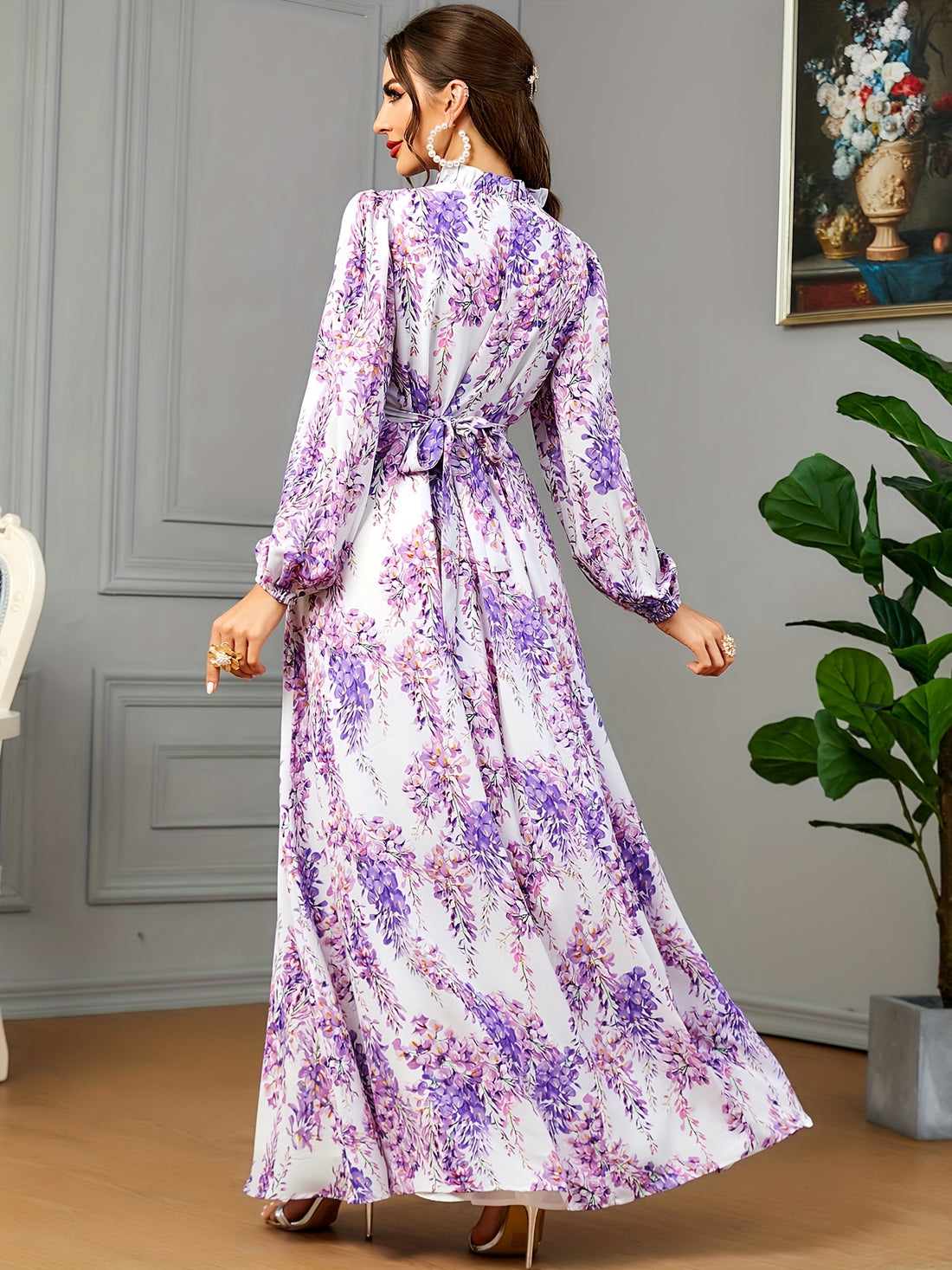 Ramadan Floral Print Tie Neck Kaftan Abayas, /MH
