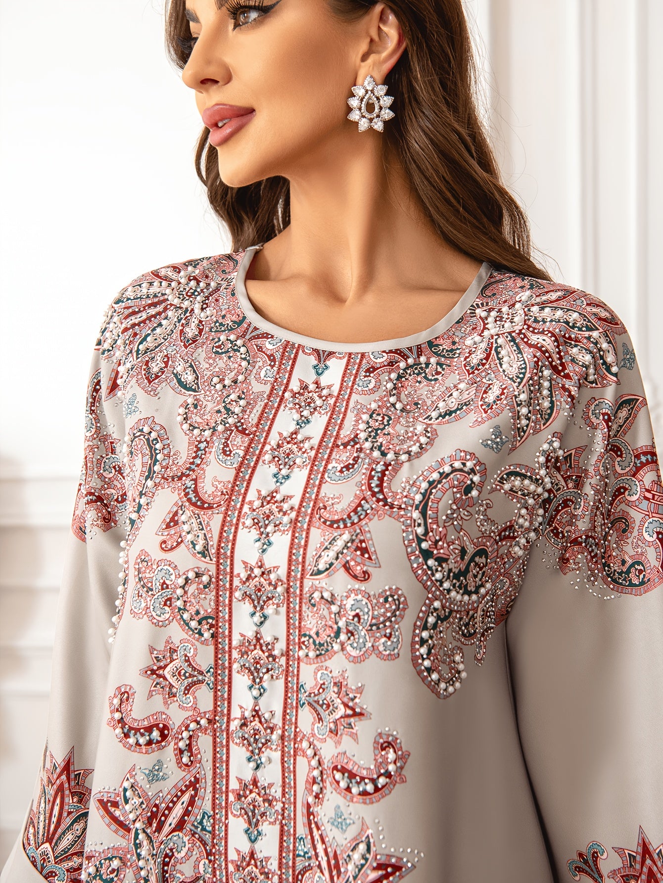 Women's Middle Eastern Abaya Jellabiya Dress - Light Blue Floral Print with Beaded & Detailing, Long Sleeve Floor-Length Regular Fit All-Season Elegant Traditional Muslim Dress for Modest Fashion, Muslim Clothes, Allseason We