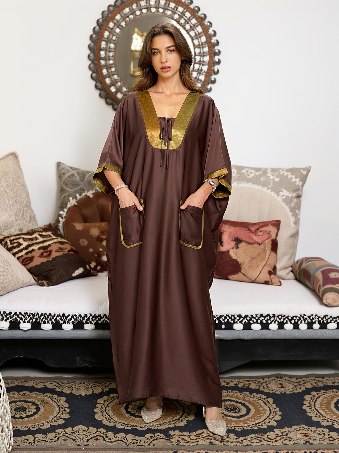 EDOLYNSA Vintage Brown & Golden Contrast Satin V-Neck Batwing Sleeve Turkish Kaftan Robe with Pockets - Long Loose H-Line Cover-Up for Spring Summer Fall, Middle Eastern-Inspired Traditional Attire, Cultural Fashion, Satinlik