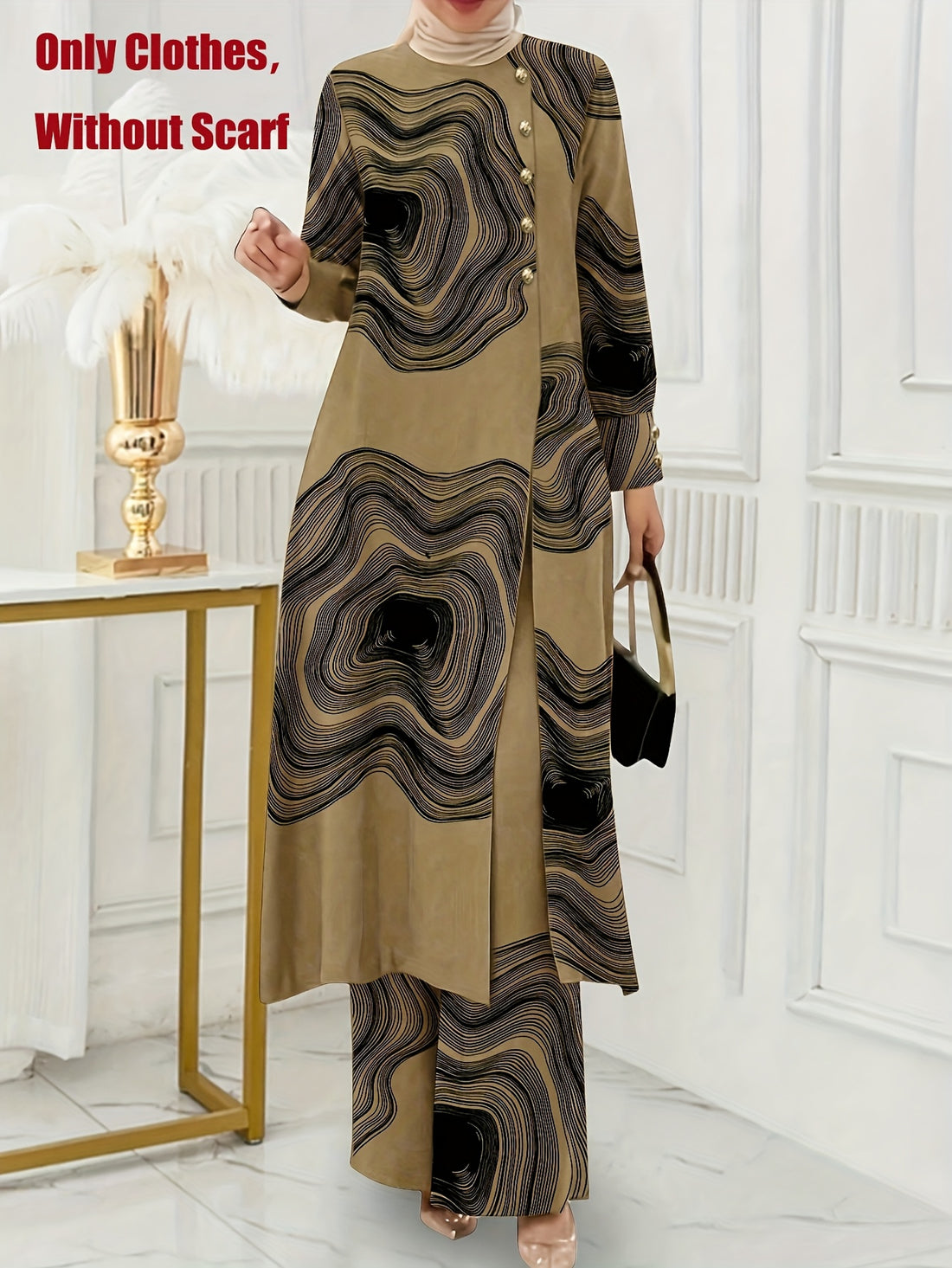 Solid Color Button Design Long Sleeve Top and Pants Set, Arabic Style,/MH