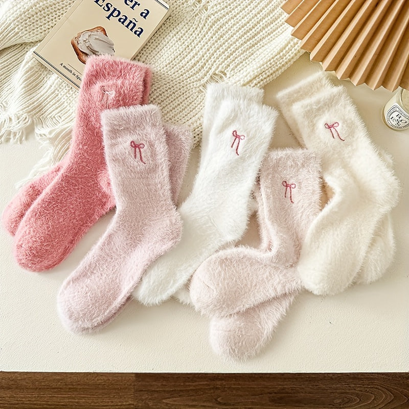 5pcs Women's Cozy Pink Bowknot Plush Socks - Thick, Warm Mid-Calf Winter Sleeping & Home Floor Socks
