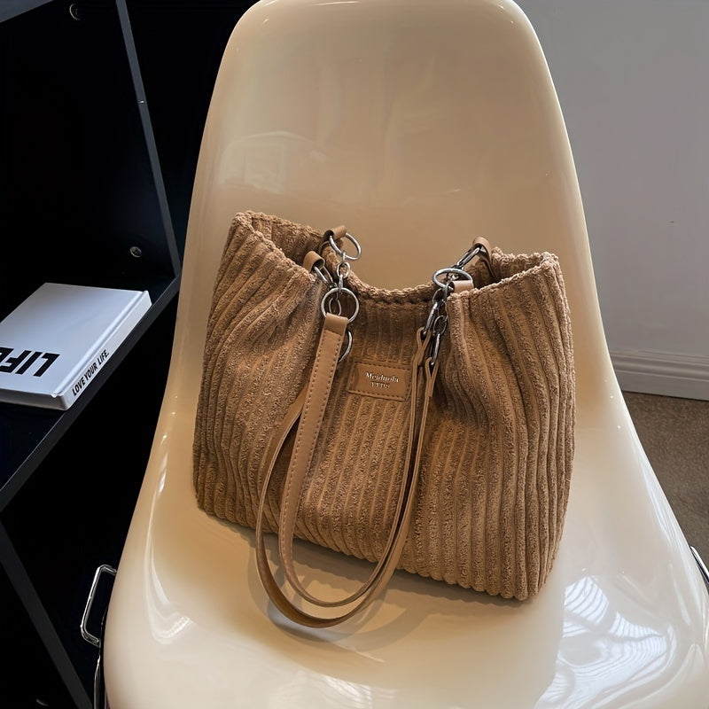 Corduroy Tote Bag For Women, Fashion Chain Shoulder Bag, Large Capacity Plush Handbag