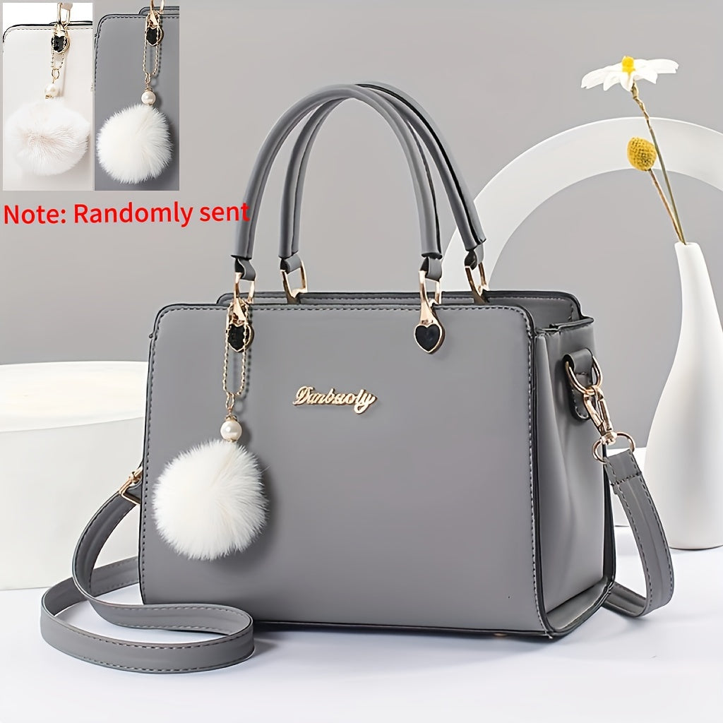 Fashion Solid Color Handbag, Women's Top Handle Square Purse, Elegant Crossbody Bag With Pompom Ball Pendant