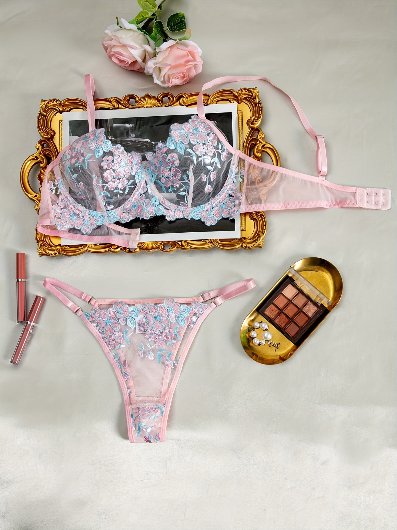 Sexy Lingerie Set, Floral Embroidery Mesh Cami Bra & Panties,/MH