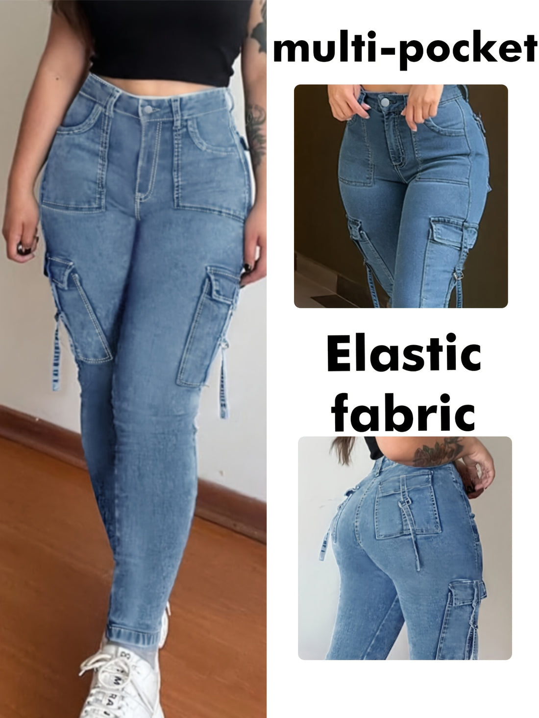 Women's High-Waist Stretchy Black Cargo Pants with Multiple Pockets - Y2K Streetwear Style, Comfortable & Stylish for Casual Outings, Cute Pants