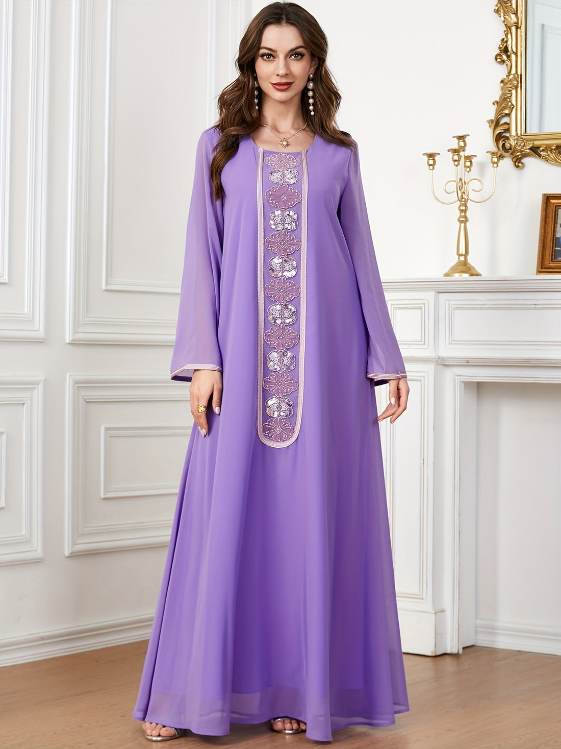 Embroidered Crew Neck Kaftan Dress, Elegant Long Sleeve women fashion '/MH