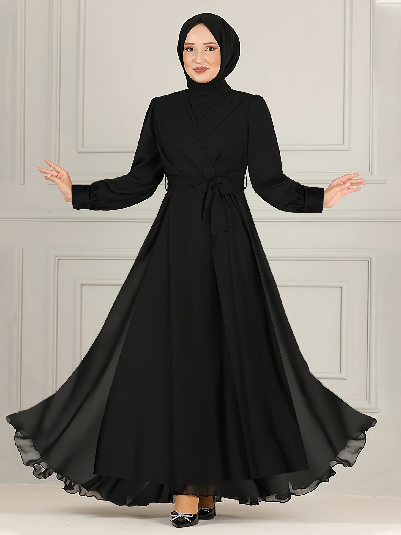 Belted Solid Kaftan, Elegant Long Sleeve A-line Dress, Women's Clothing'/MH