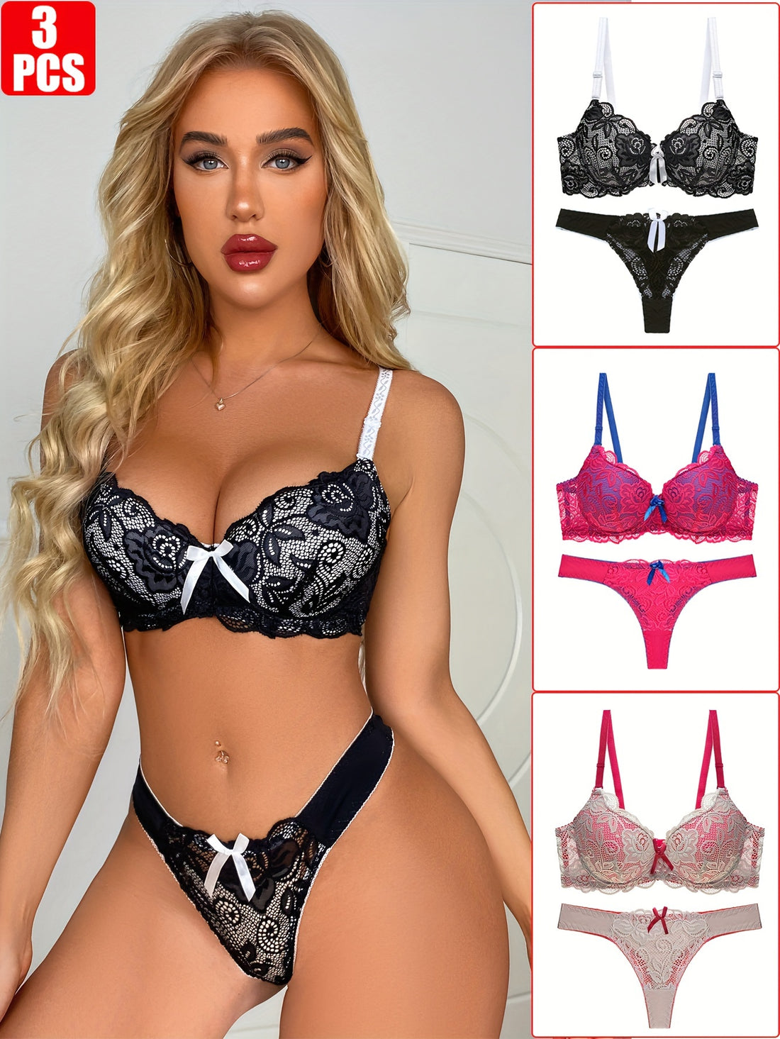 3sets Sexy Bow Decor Bra & Floral Lace Panty, Push Up Bra & Soft Comfortable Panties Lingerie Set, Women's Lingerie & Underwear