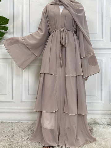 Layered Open Front Modest Dress, Long Sleeve Muslim Dress'/MH