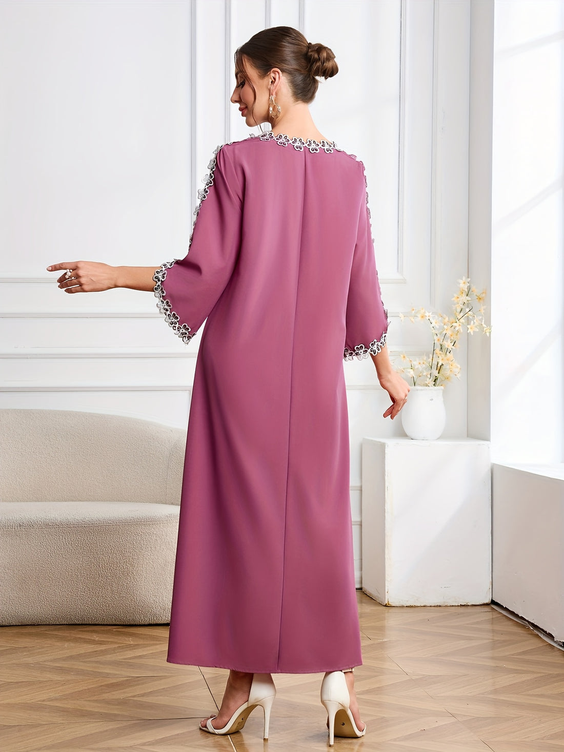Elegant Long Sleeve Embroidered Kaftan Dress - Round Neck, women fashion'/MH