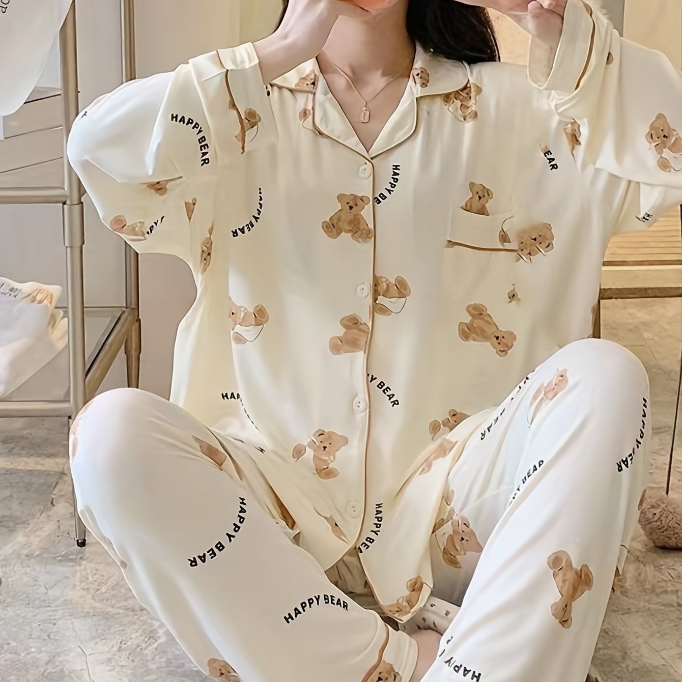 Cartoon Bear Print Pajama Set, /MH