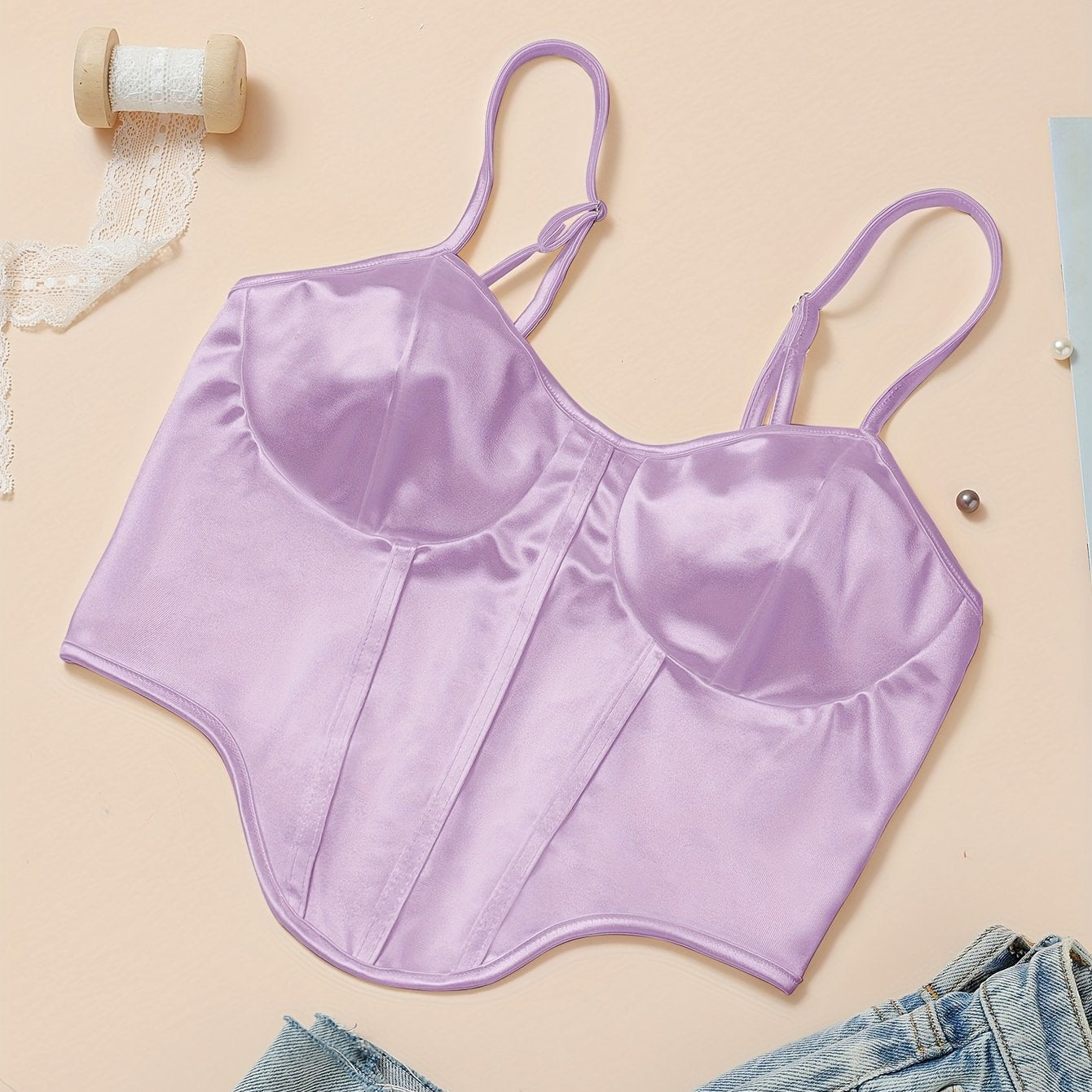 Chic Light Purple Satin Corset Crop Top .