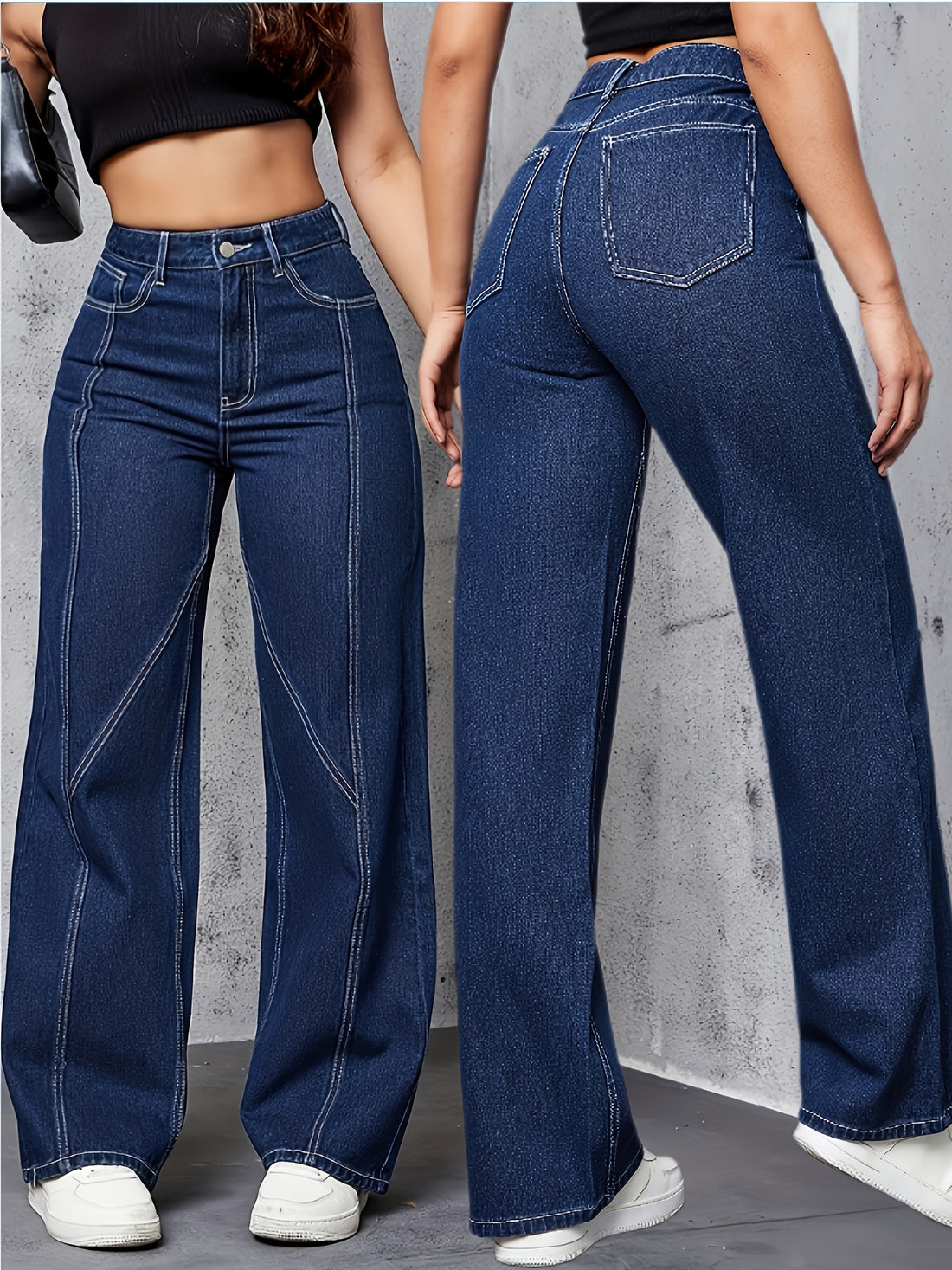 Women's Fashionable High-Waisted Flared Jeans Straight-Leg Denim Pants