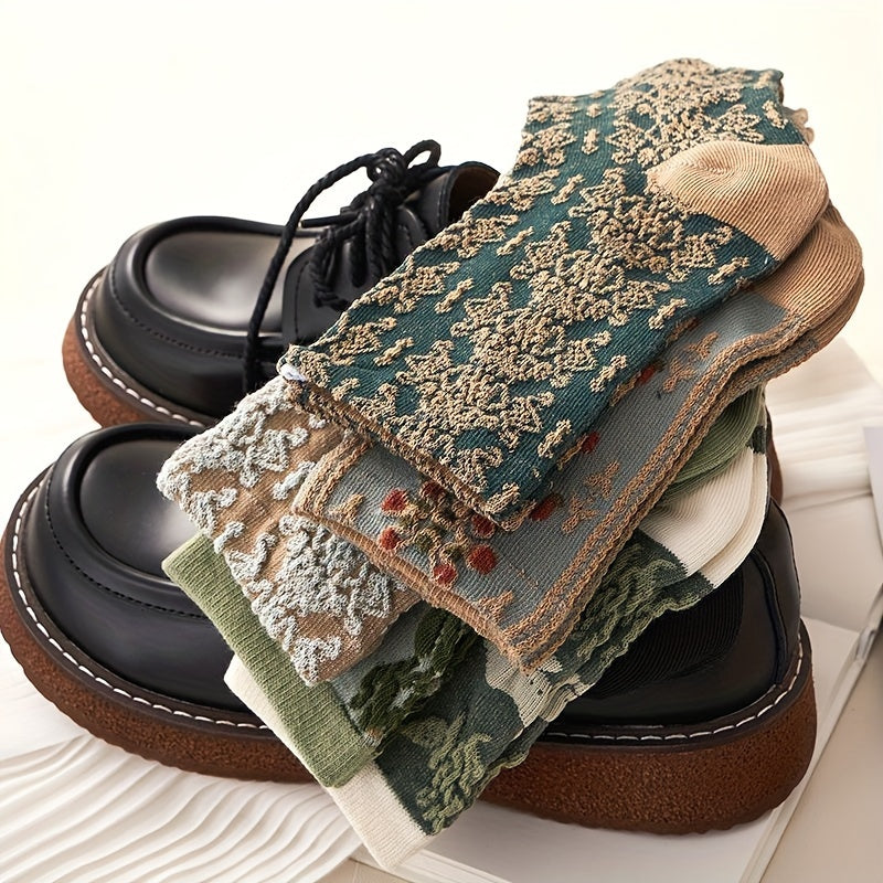 5 Pairs Floral Print Socks, Comfy & Cute Mid Tube Socks, Women's Stockings & Hosiery
