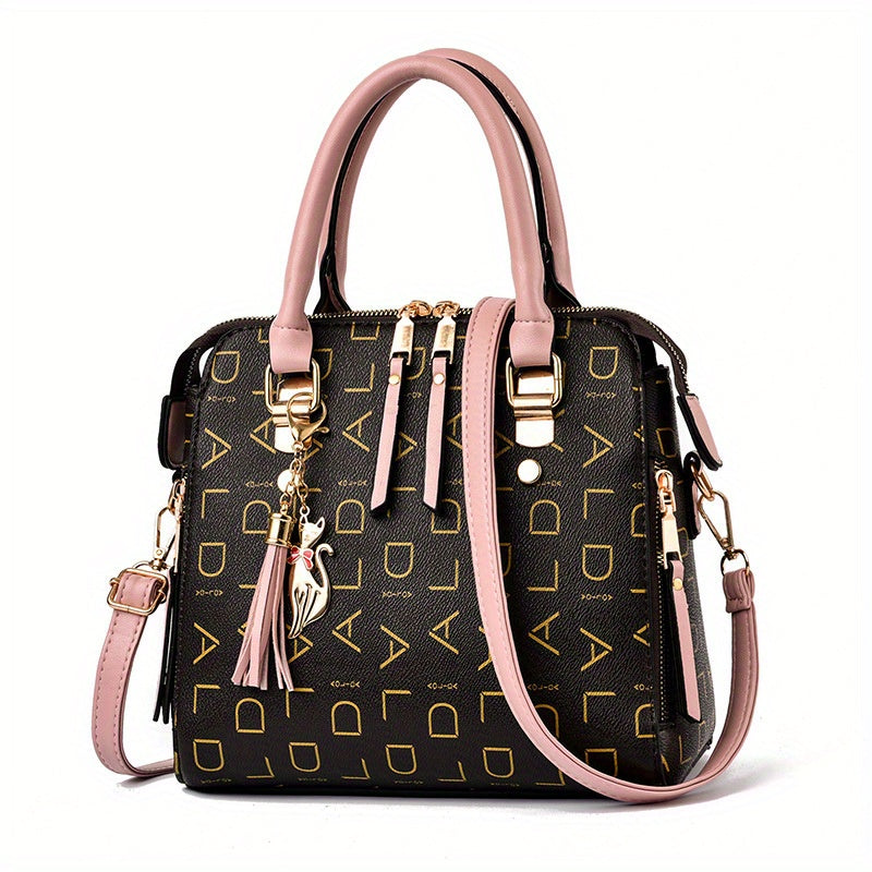 Letter Print Handbag, Tassel Decor Square Crossbody Bag, Women's Small Top Handle Purse