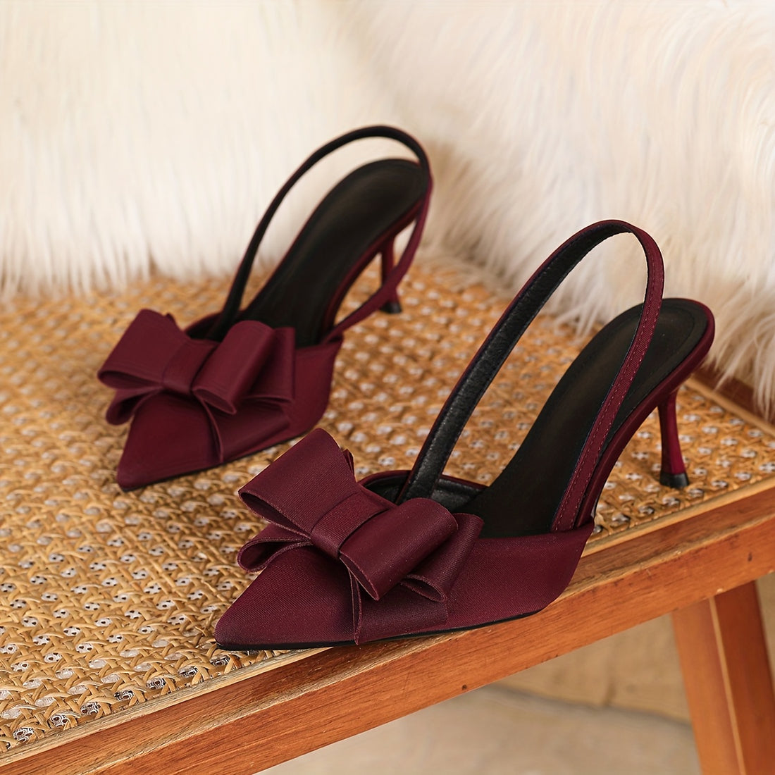 Women's Elegant Bow-Adorned Pointed-Toe Stiletto Heels - Comfortable Fabric Upper & Synthetic Cover Lining, All-Season Versatile Party & Formal Shoes with TPU Sole, Cute Heels