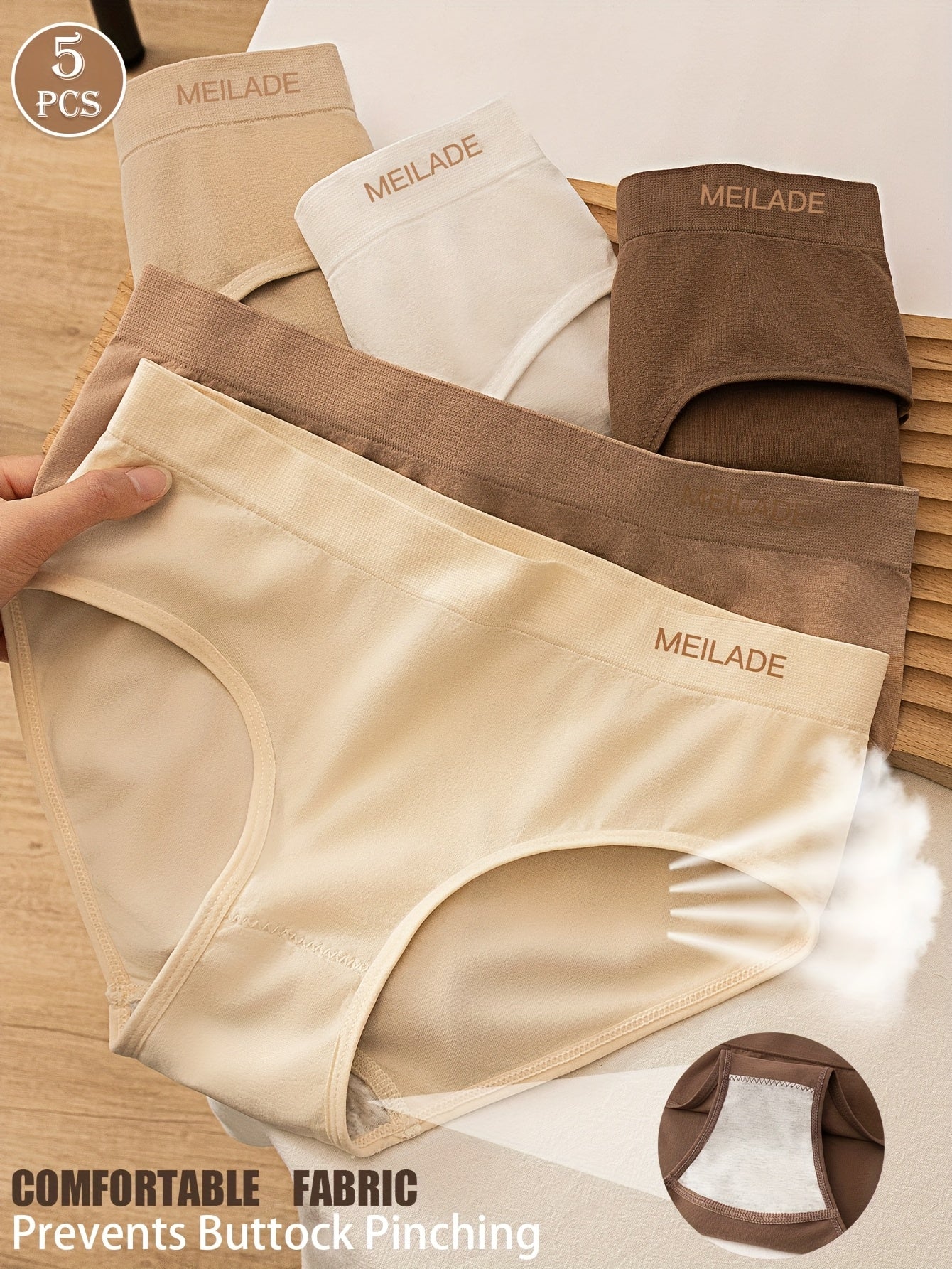 5pcs Seamless Panties Mid Waist Maillard Color Women'S Briefs Lifting High '/MH
