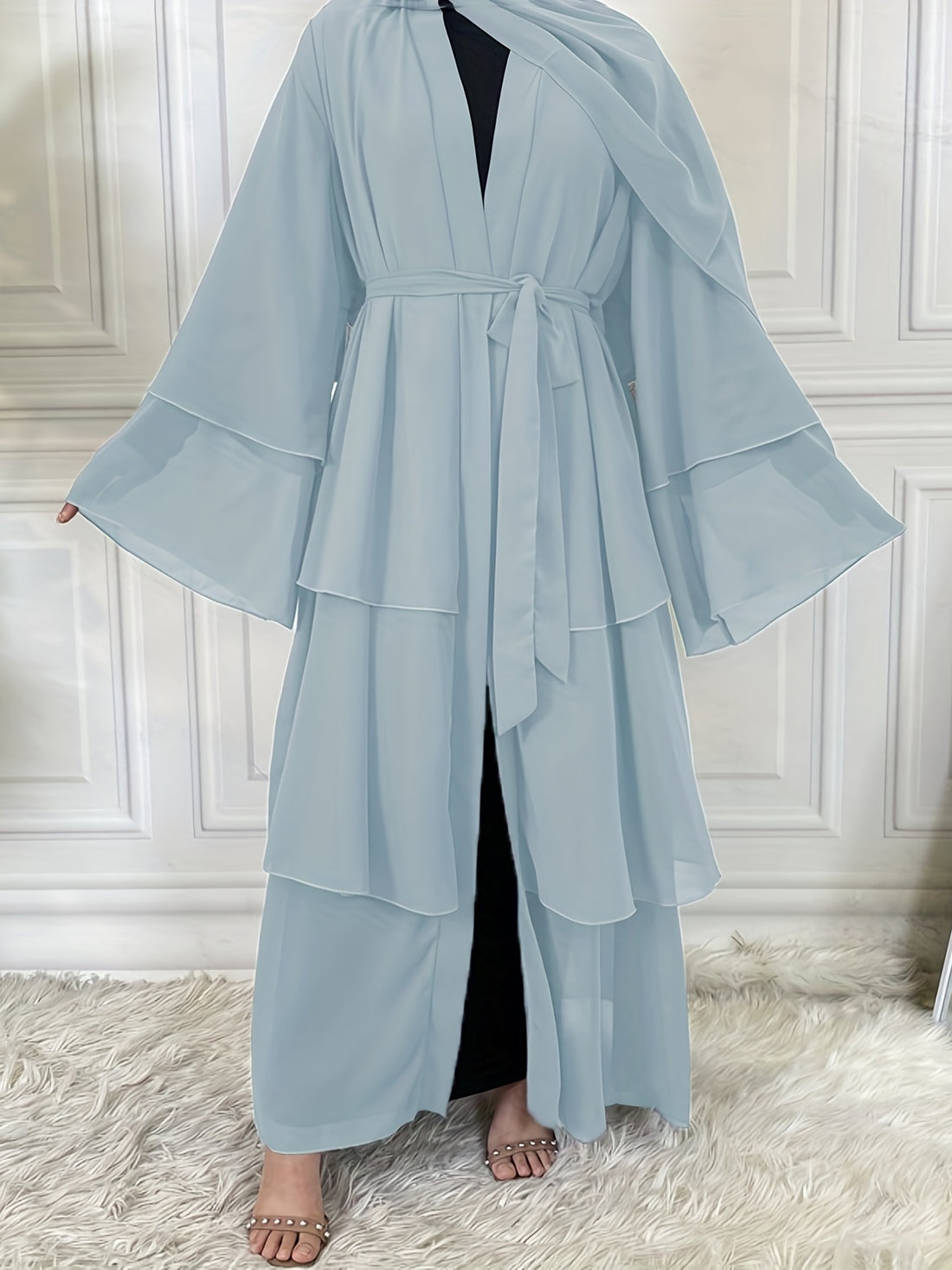 Layered Open Front Modest Dress, Long Sleeve Muslim Dress'/MH