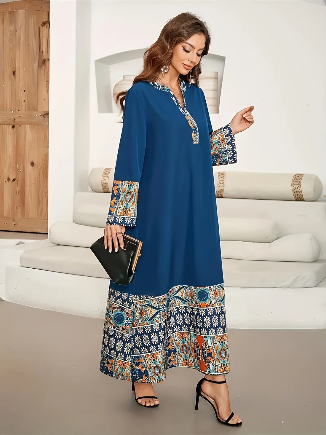Paisley Print V-neck Kaftan Dress, Elegant Long Sleeve '/MH