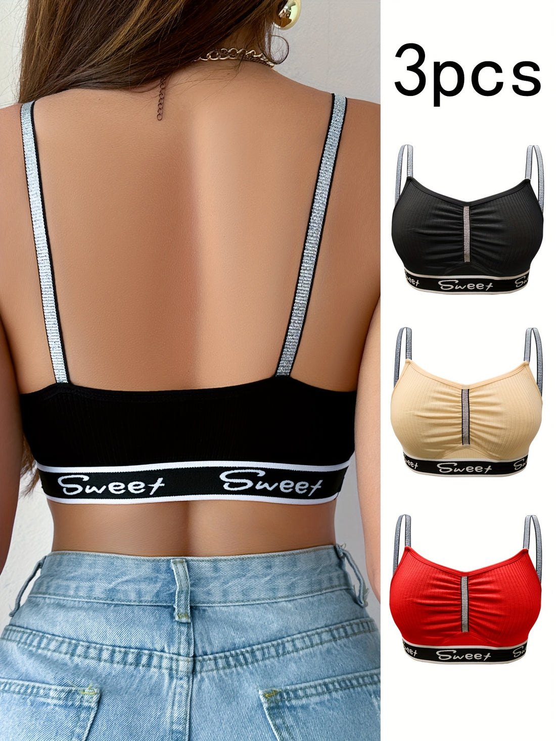 3pcs Color Block Wireless Cami Bra, Sexy Comfy Push Up Bra, Women's Lingerie & Underwear