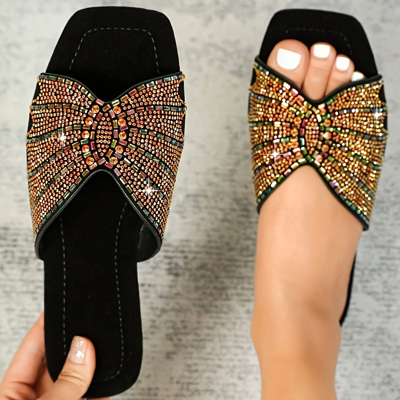 2025 Spring Summer New Arrival Flat Heel Slip-on Square Toe Solid Color Plastic Upper Synthetic Faux Leather Inner Flannel Insole TPR Sole Beach Shoes Casual Women'S Shoes for Middle East, Ramada