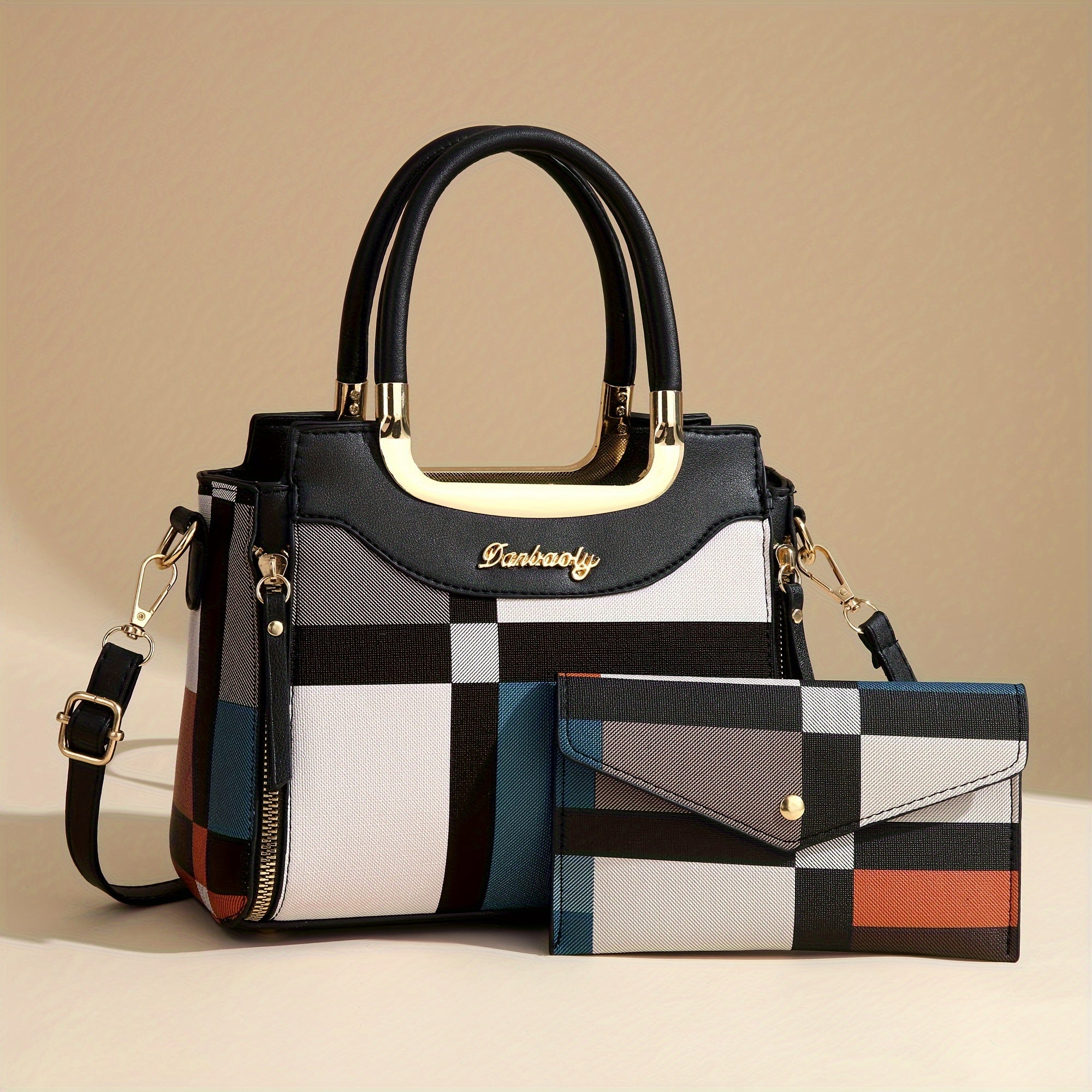 CHROSGEKEIDI Elegant Plaid Tote and Crossbody Bag Set, Large Capacity, with Adjustable Strap, Zipper Closure, Polyester Lined, for Women - Chic Gift for Mom and Family, Versatile Shoulder Bag|Chic Tote Bag Set| Bag, Cute Bag