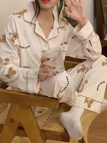 Cartoon Bear Print Pajama Set, /MH