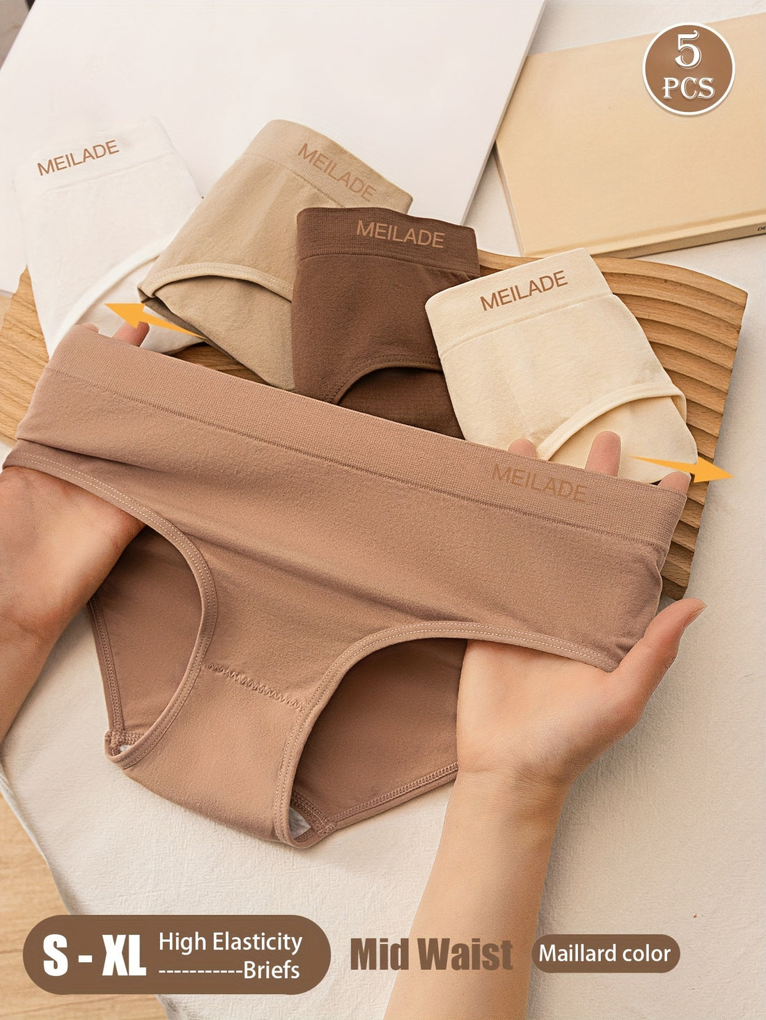 5pcs Seamless Panties Mid Waist Maillard Color Women'S Briefs Lifting High '/MH