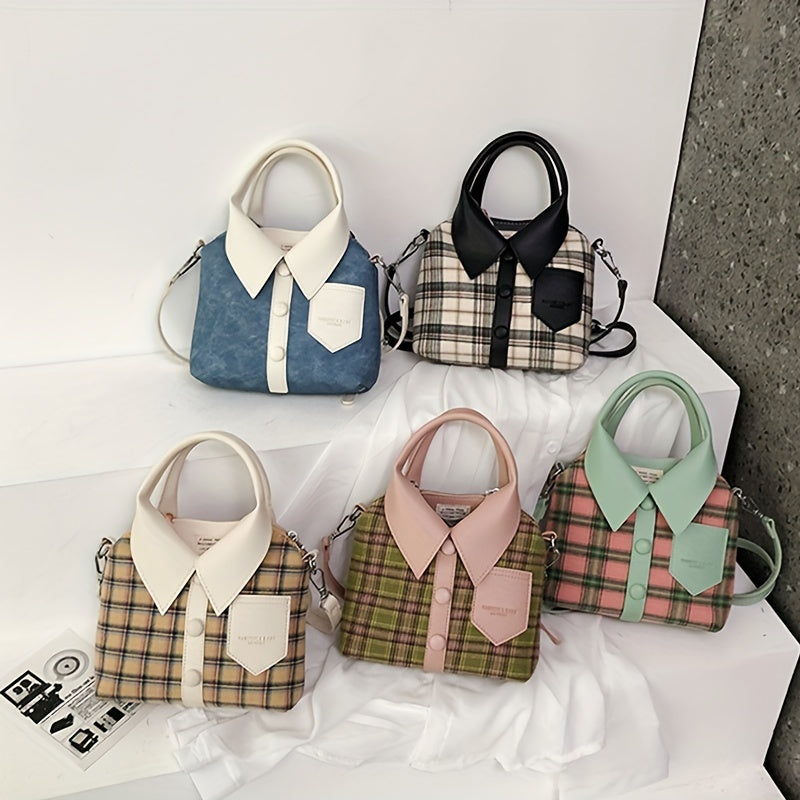 Plaid Shirt Shaped Handbags, Niche Design Crossbody Bag, Top Handle Canvas Satchel Purse