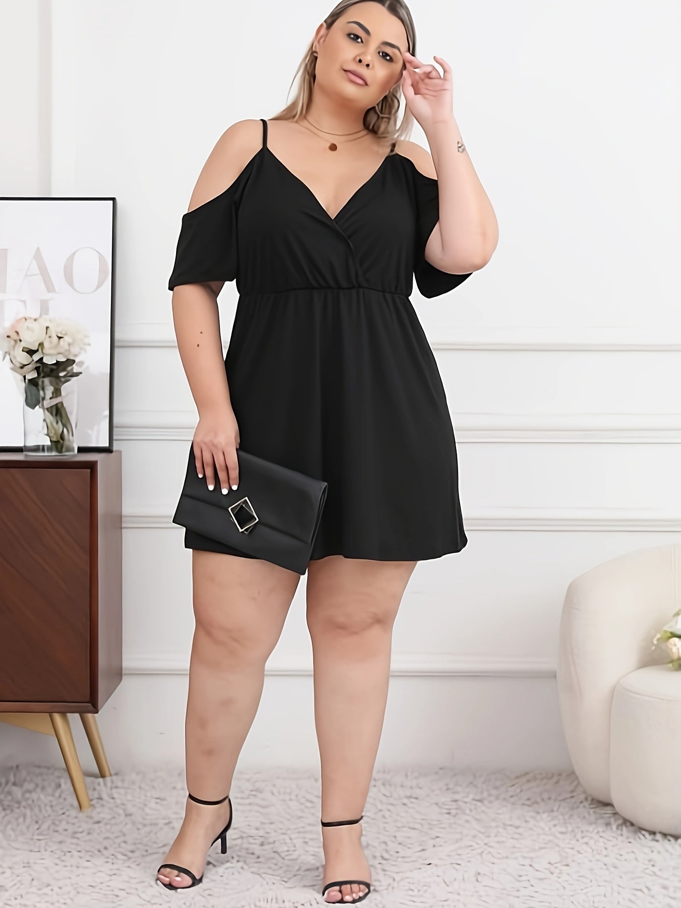 [Plus Size Cold Shoulder Dress] Plus Size Solid Cinched Waist Cold Shoulder Dress, Elegant Short Sleeve Surplice Neck Above Knee Dress For Spring & Summer, Women's Plus Size Clothing