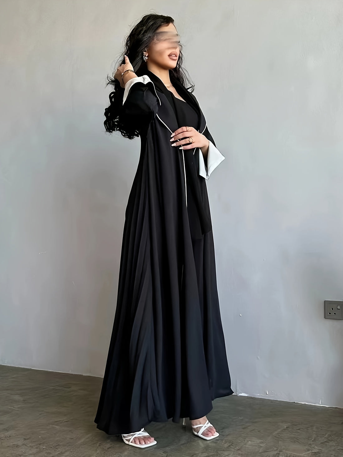 Contrast Trim Lapel Neck Abaya Dress, Elegant Open Front Long Sleeve ./ MH