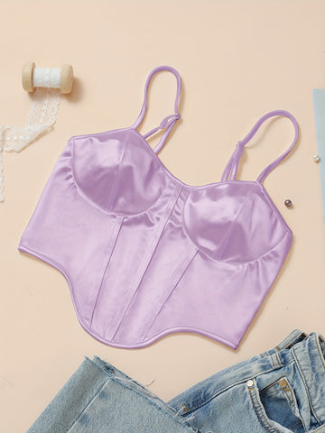 Chic Light Purple Satin Corset Crop Top .